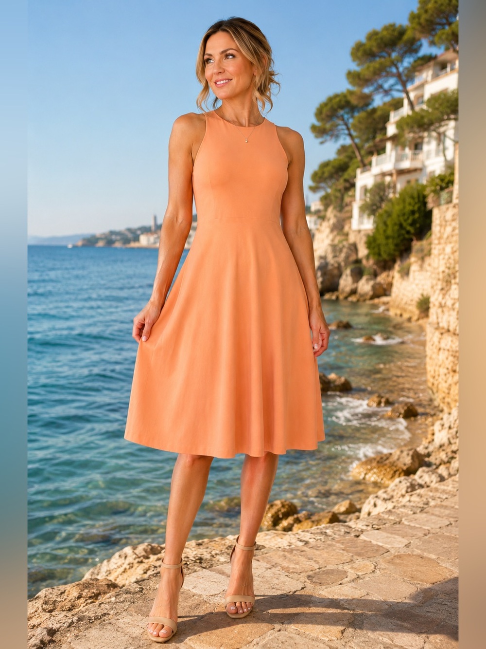 Athleta Santorini Thera Dress Peach Modal Stretch Sleeveless Size S NWOT
